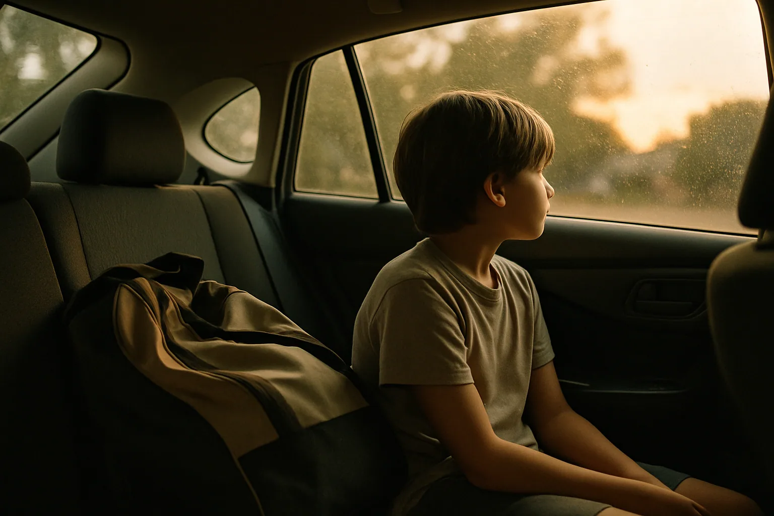 A child in a car's back seat looks out the side window, head turned fully away, a sports bag slumped beside them in evening light.