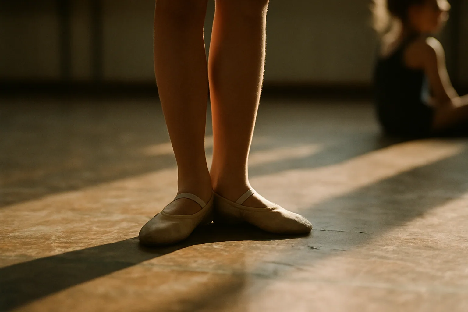 A dancer's feet in soft shoes rest in first position on a worn studio floor, cropped at mid-calf under hard side light.