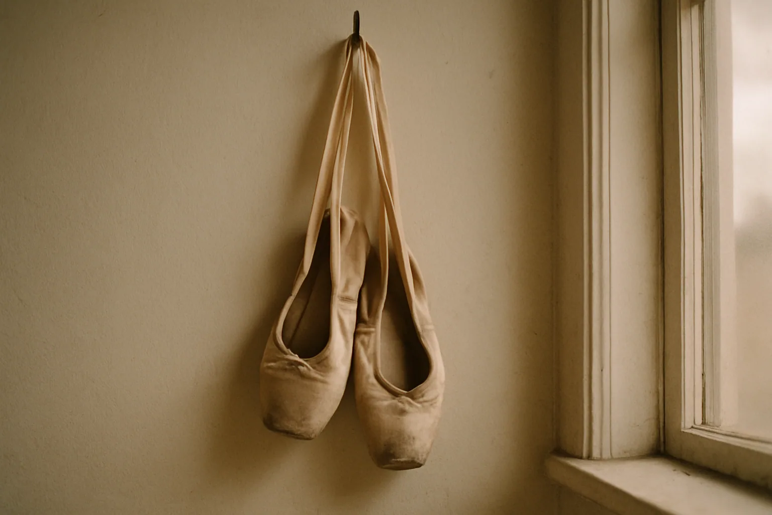 A pair of worn pointe shoes hangs by its ribbons from a hook against a plain wall, lit by soft window light.