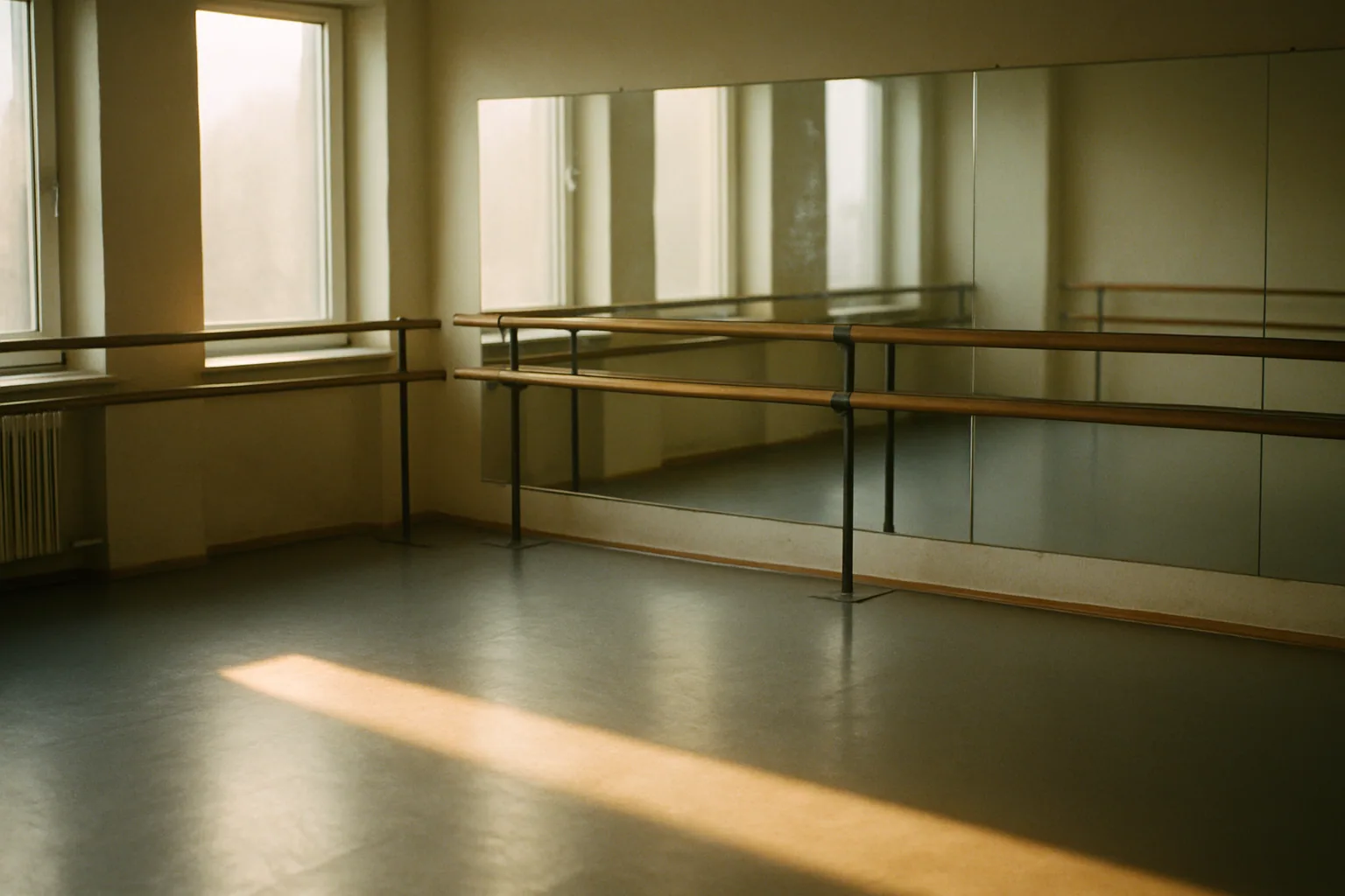 An empty ballet studio in the morning shows barres along a mirrored wall, sunlight striping across the sprung floor.
