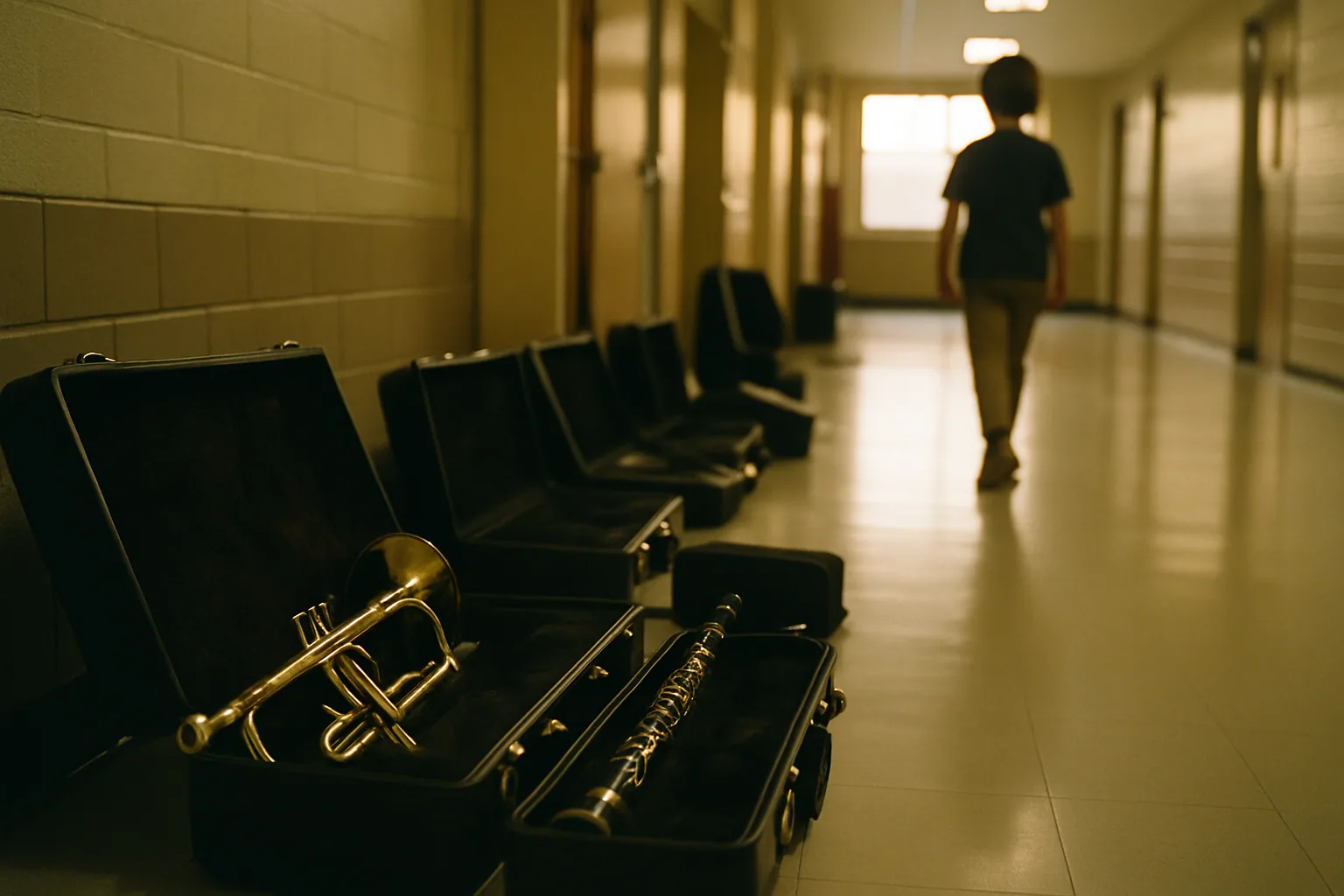 Open instrument cases line a school hallway before rehearsal with a trumpet and clarinet resting inside, one student walking toward a lit window.