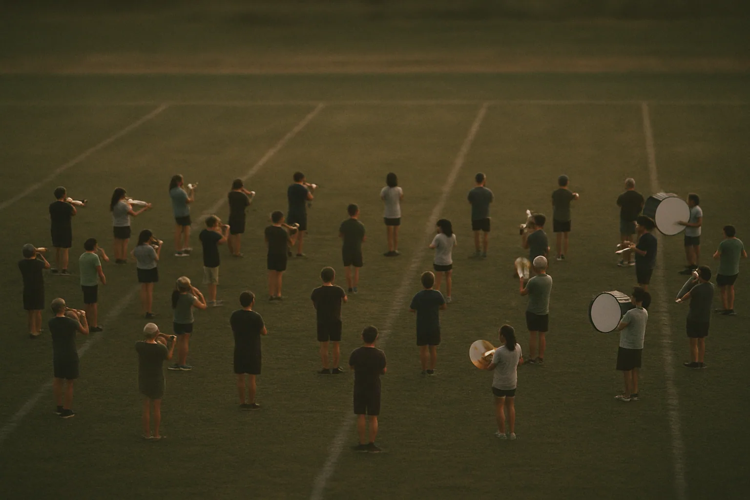 A marching band formation spreads across a practice field seen from very high and far away at dusk, figures small and anonymous.