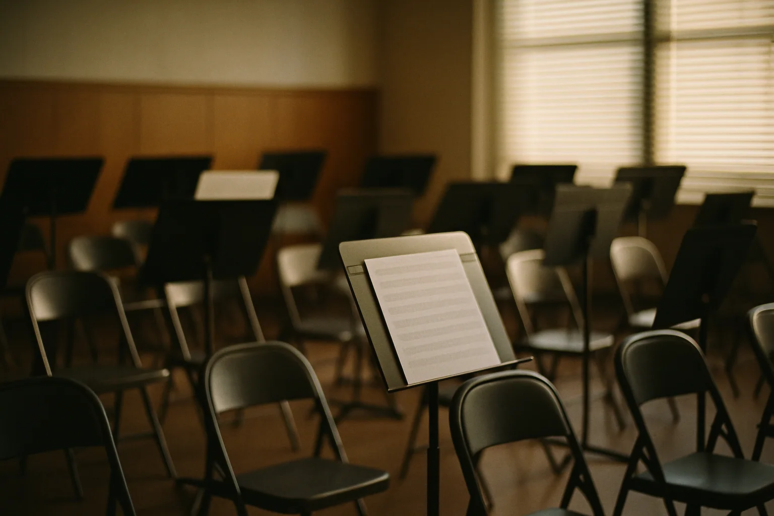 Rows of empty music stands and folding chairs sit in a rehearsal room after everyone has left, blank sheet music in afternoon light.