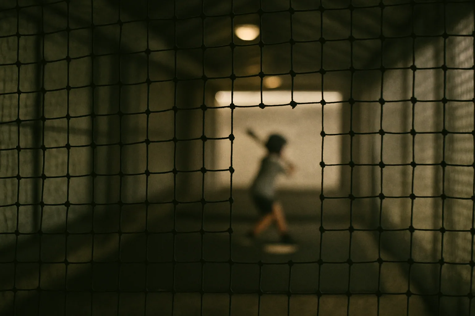The inside of a batting cage is seen through the netting, one small figure mid-swing far down the cage, out of focus and unidentifiable.