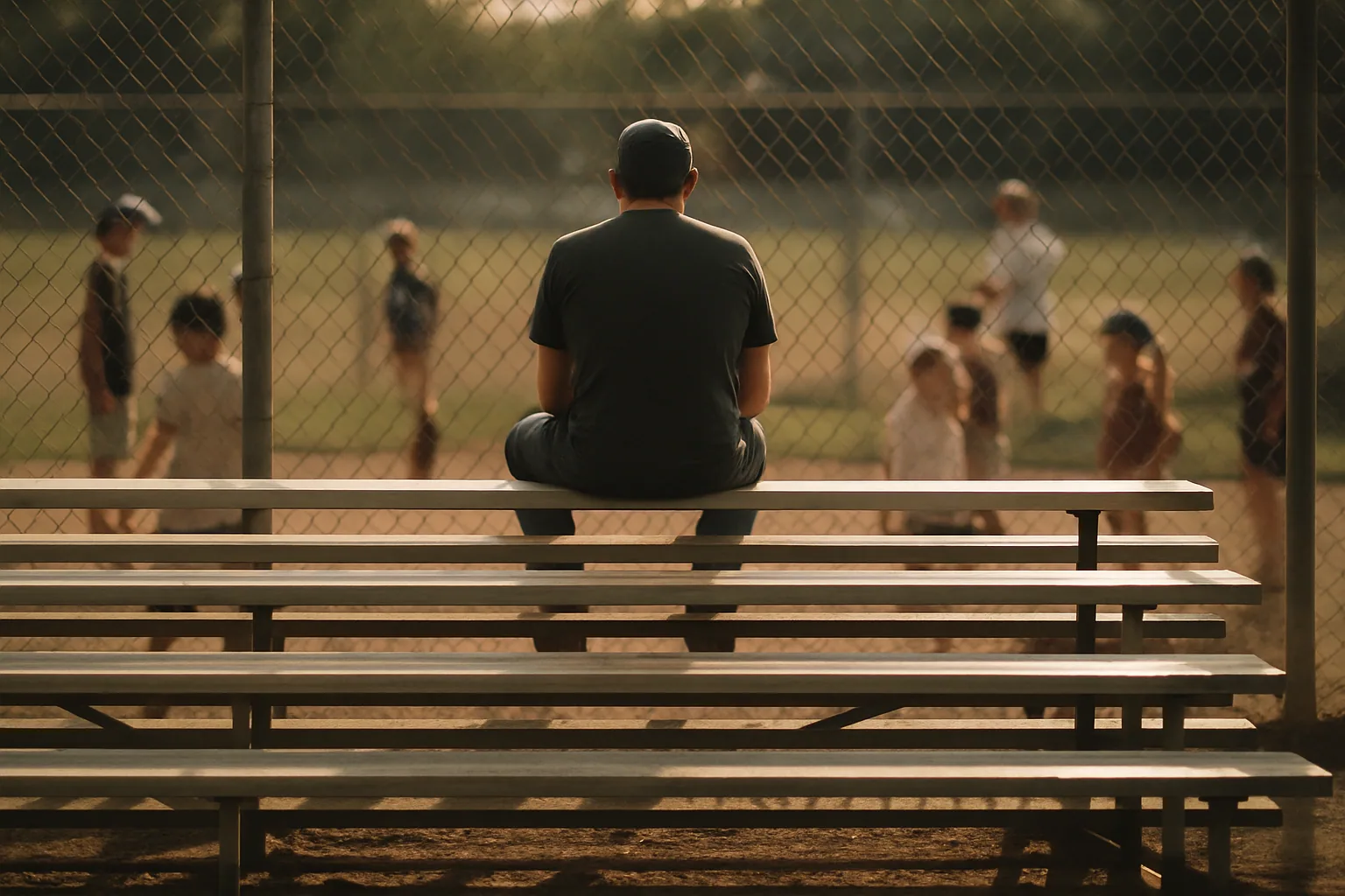 Aluminum bleachers behind a backstop cast a striped shadow, one adult sitting alone at the top seen from behind in late afternoon light.