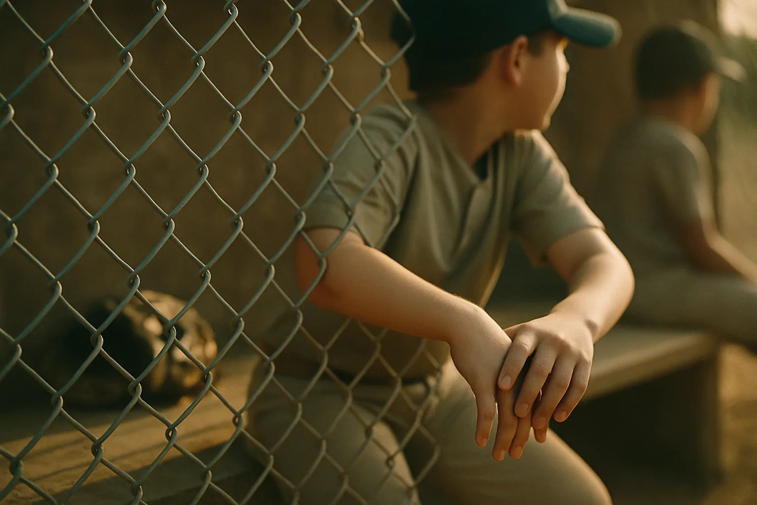A young player rests forearms against a dugout's chain-link fence in late afternoon, face turned away in profile, a worn glove on the bench behind.