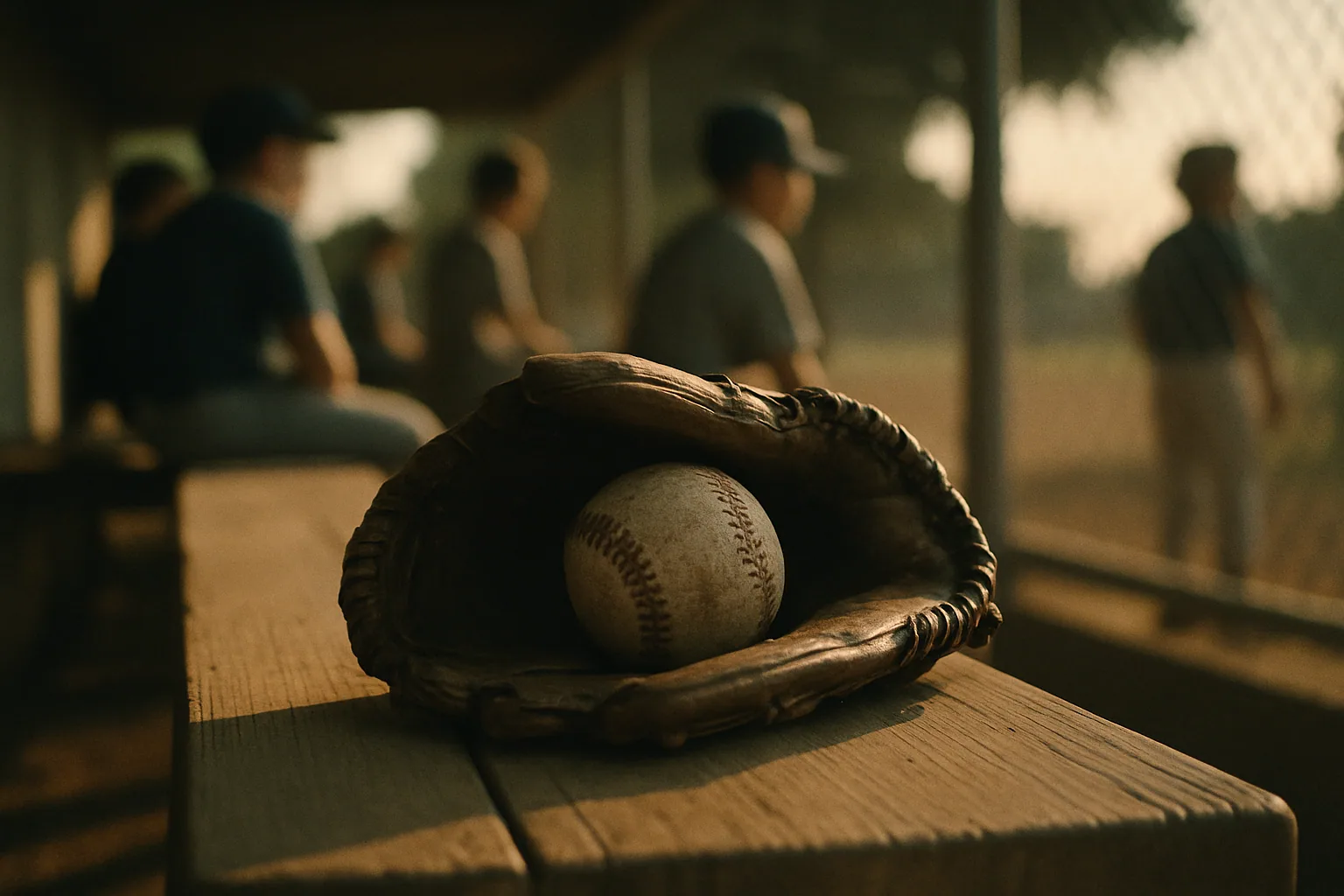 A baseball glove and ball resting on a dugout bench.