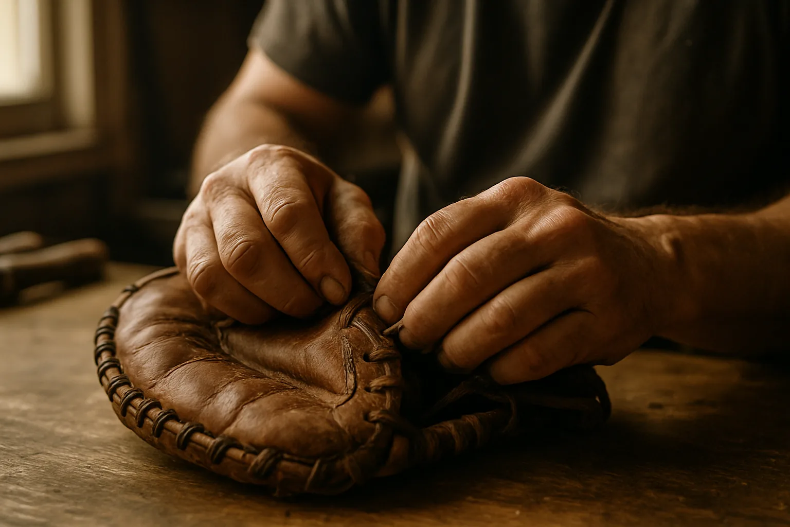 Adult hands working the hinge of a worn baseball glove on a wooden workbench.