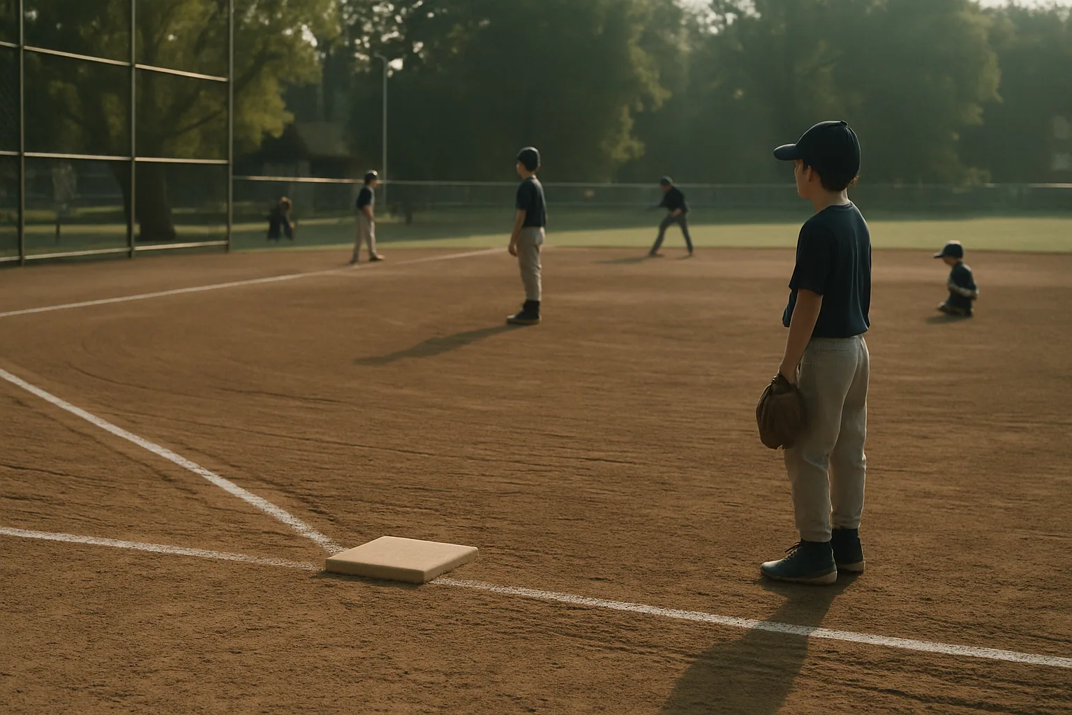 A youth baseball infield shows freshly raked dirt and chalk baselines in early morning, bases set and nobody on the field.