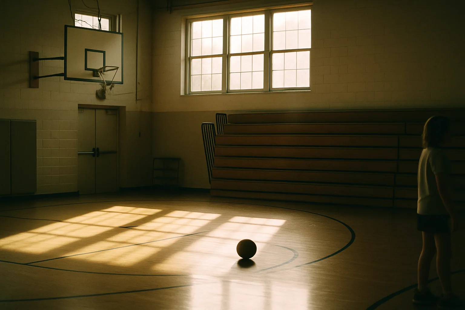An empty school gym in the morning shows light from high windows falling across the floor, a ball at rest near the baseline.