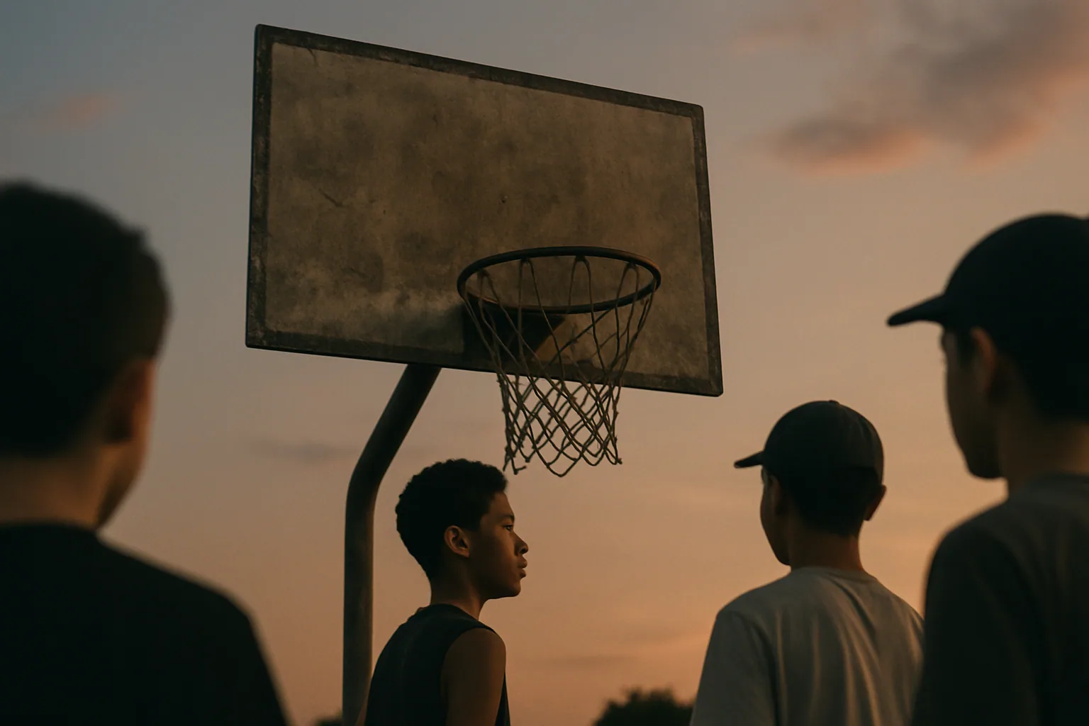 An outdoor basketball hoop at dusk.