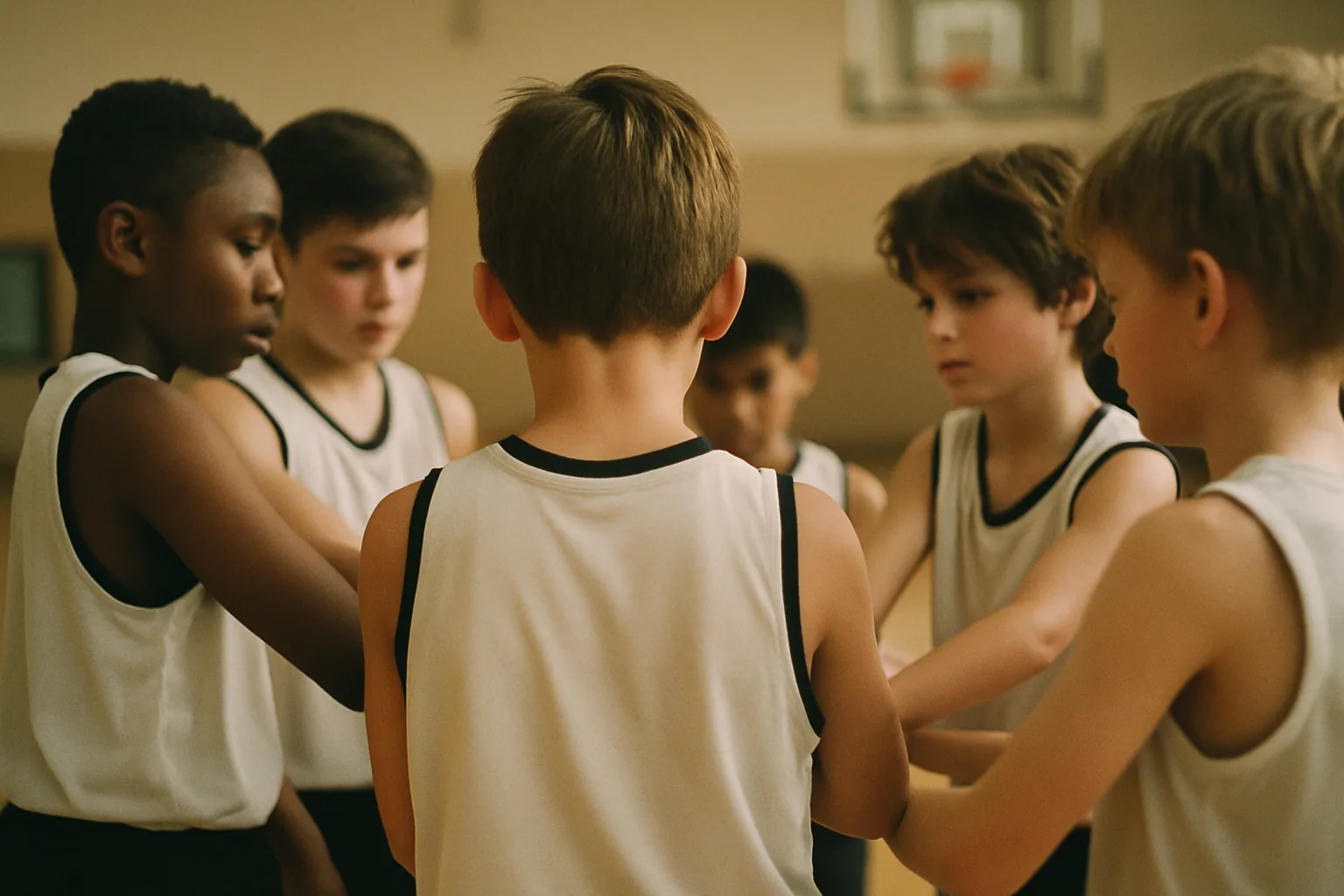 A youth team huddle is shot from directly behind one player's back so all faces turn inward and hidden, hands stacked low in the middle.