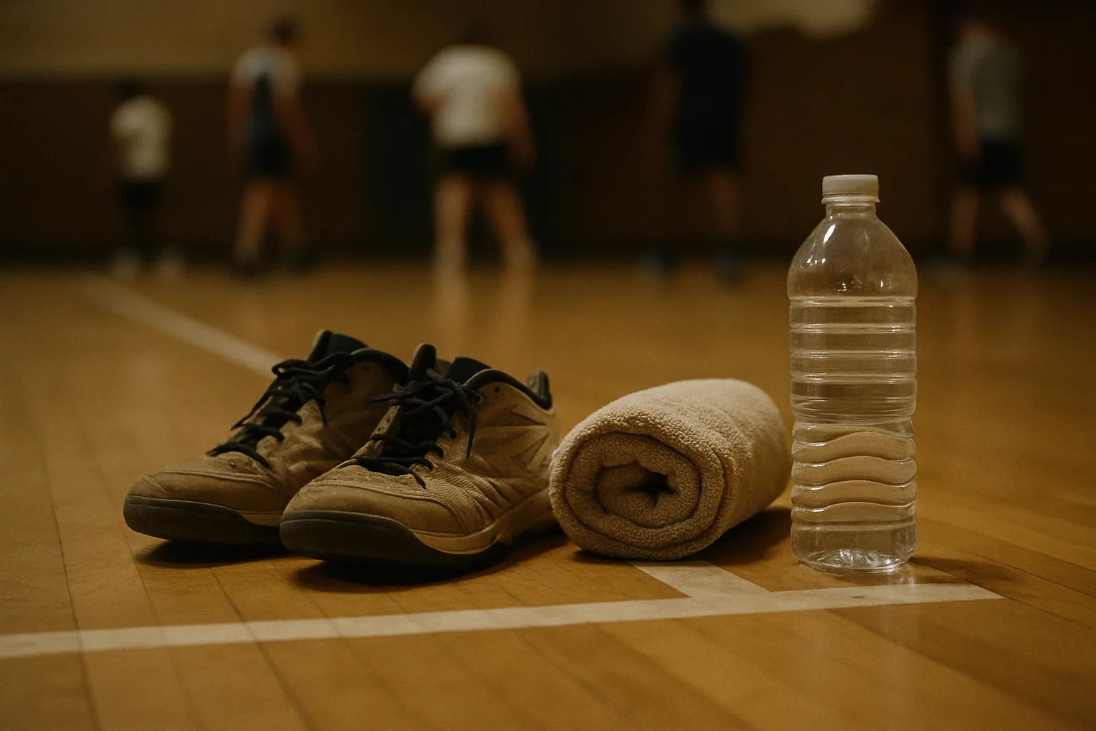 A pair of worn court shoes and a rolled towel sit on a gym baseline beside a water bottle under hard overhead light.