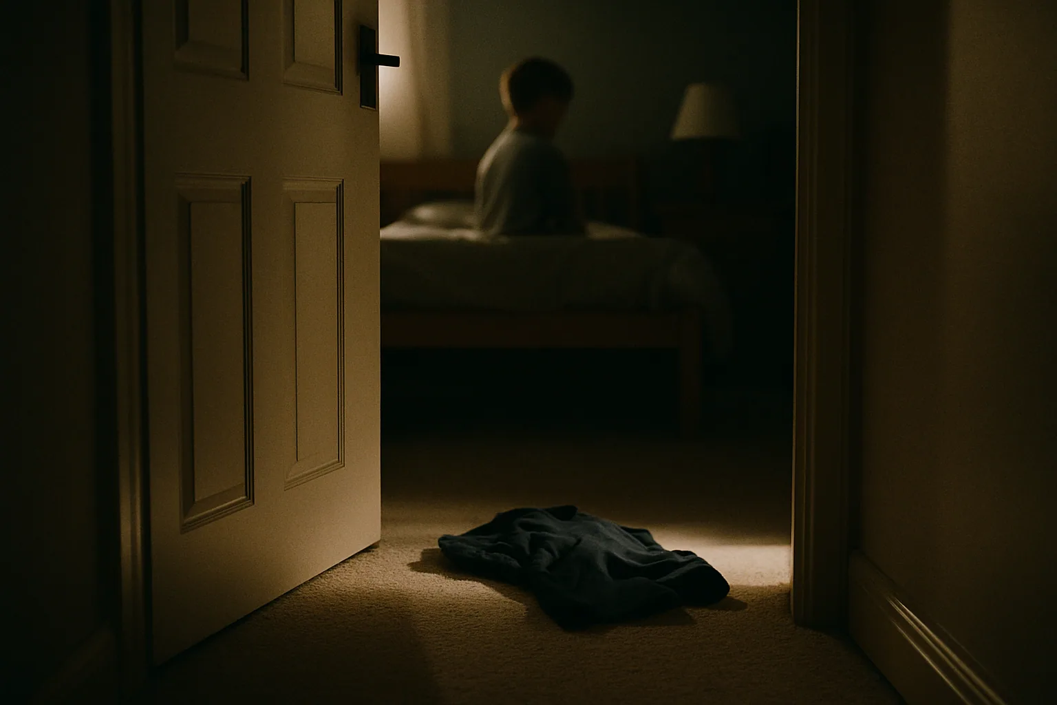 A child's bedroom door stands half open at night, a uniform dropped on the floor inside and one strip of hallway light across the carpet.