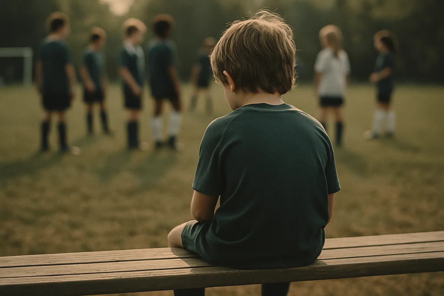A child sits alone at the far end of a bench, seen from behind and to the side, teammates loosely blurred in the middle distance.