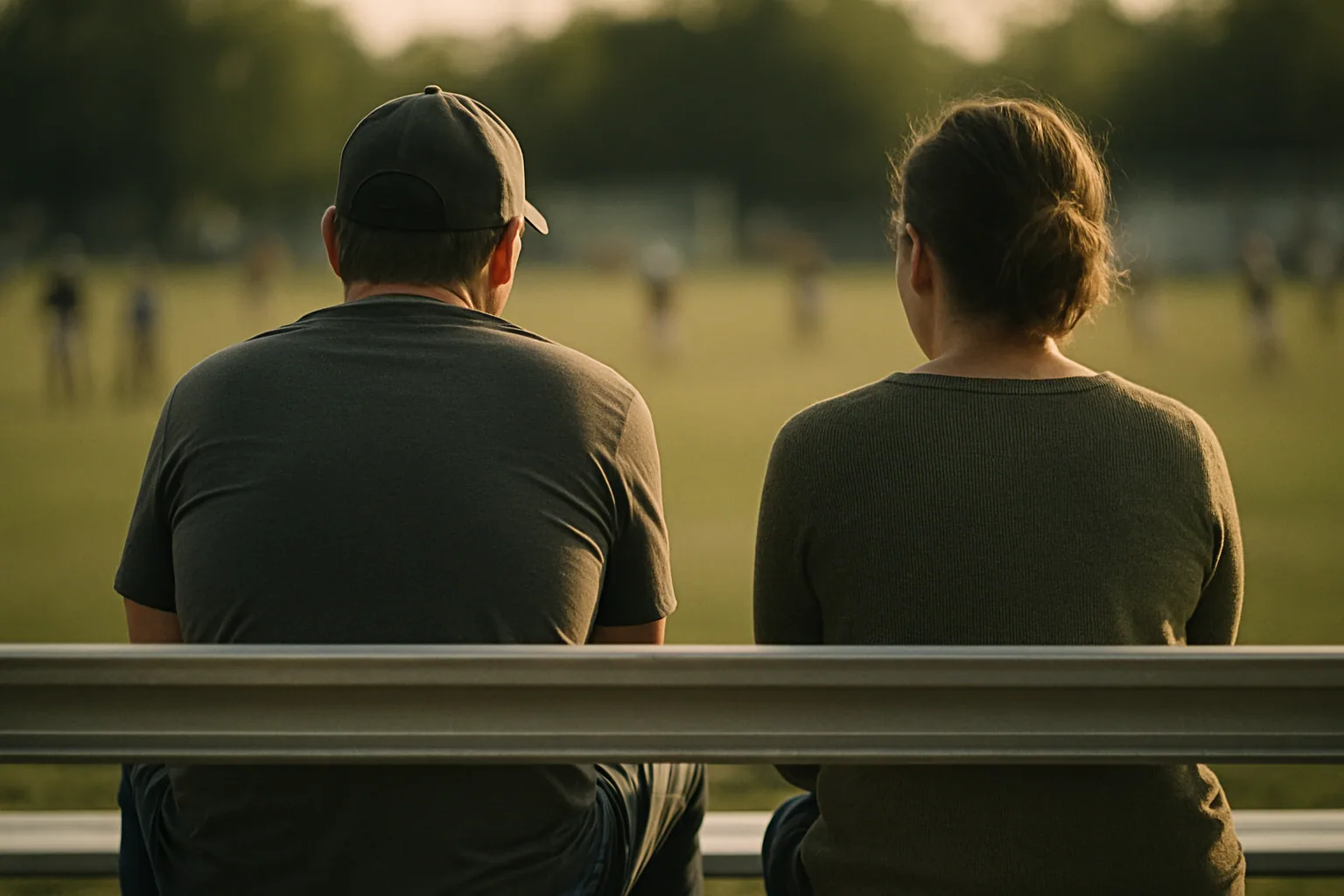 Two parents sitting side by side in the bleachers, watching a game.