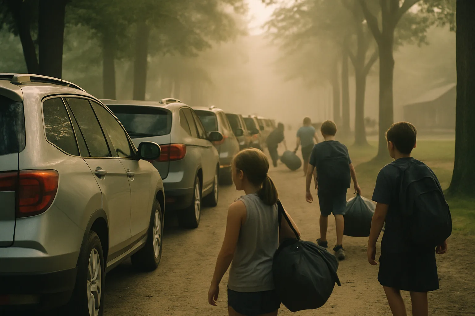A line of cars stretches along a tree-lined camp drive in morning haze, bags being unloaded at a distance.
