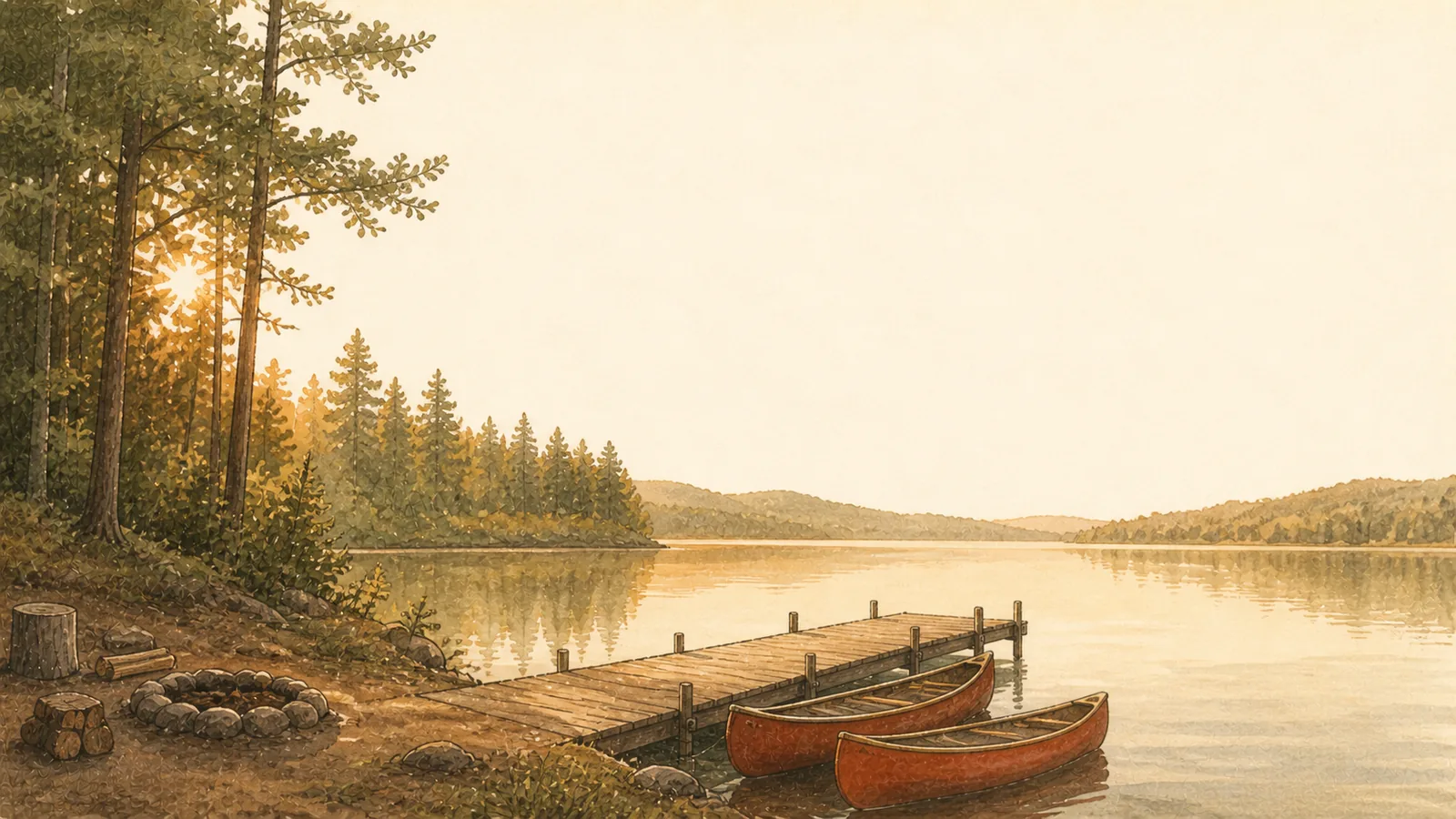 A summer camp at golden hour: a wooded lakeside, a wooden dock, two canoes.