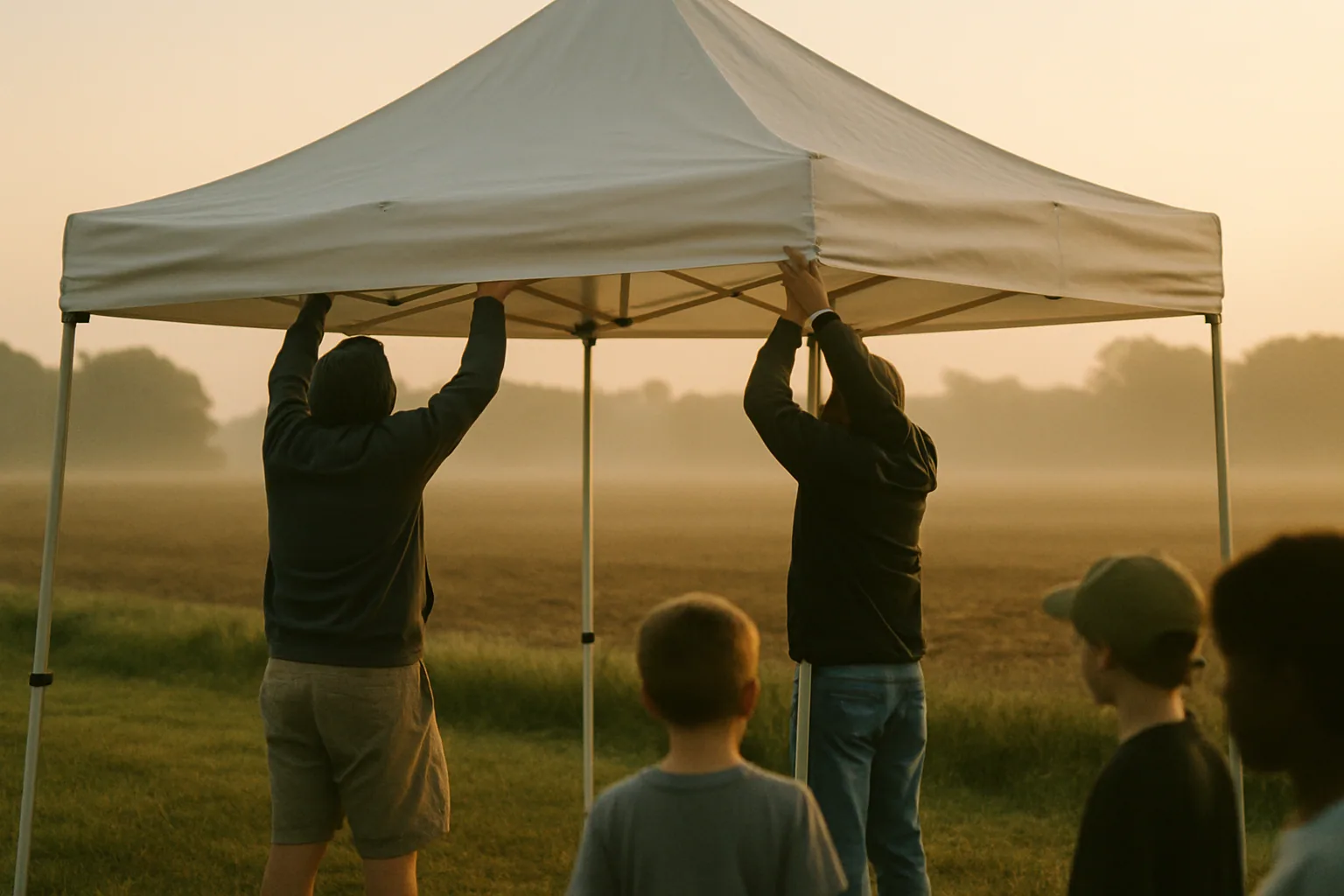 A pop-up canopy is raised at a field's edge in the morning, two adults lifting a corner with their faces hidden by the fabric.