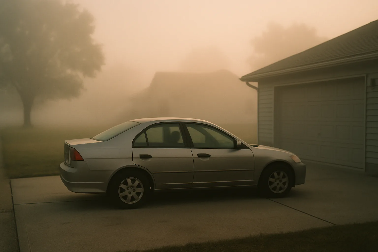 A car sits in a driveway with the driver's door closed and nobody visible, the house dark behind it in early morning fog.
