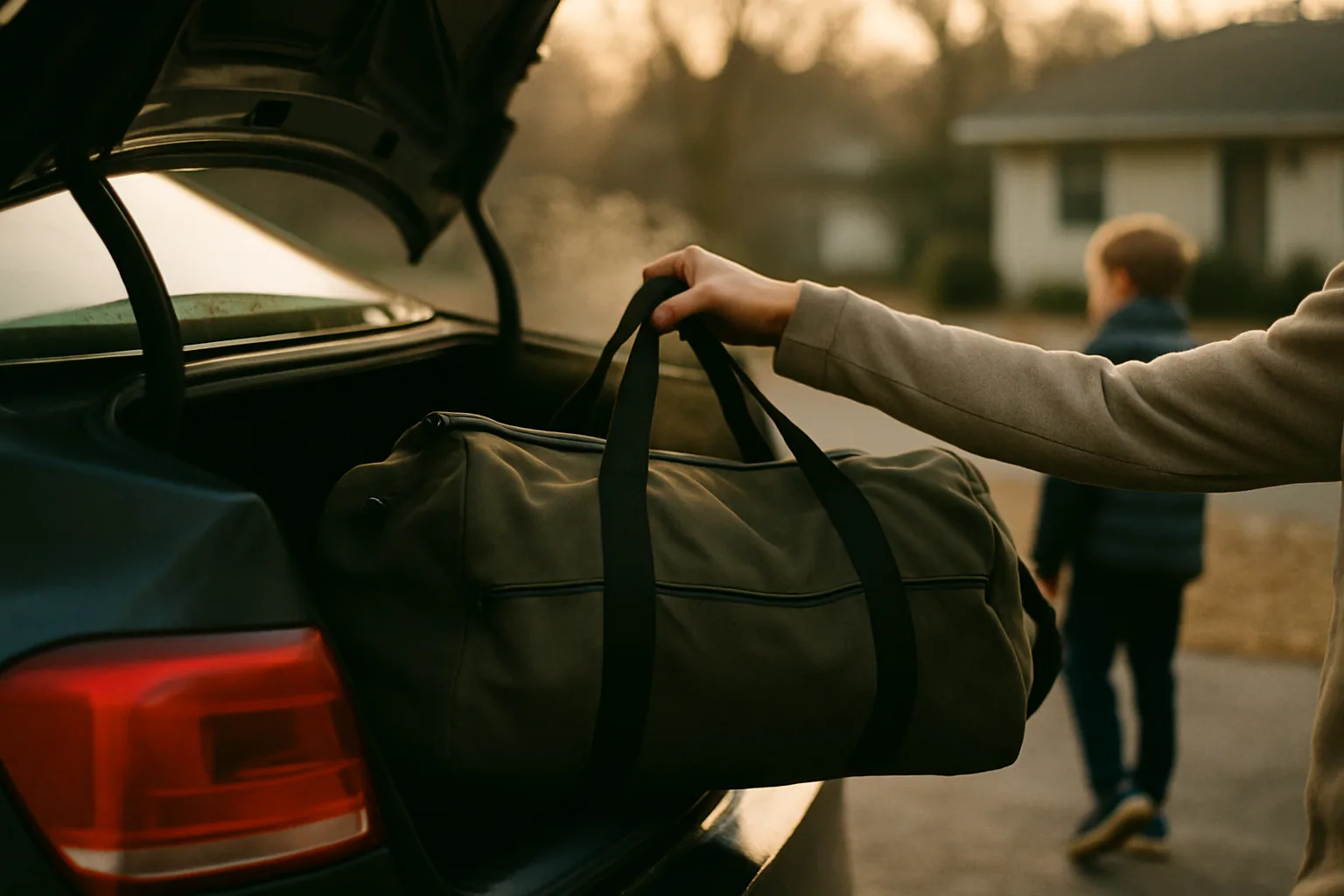 A duffel bag is loaded into a car trunk in a driveway at first light, an arm in frame and breath visible in the cold air.