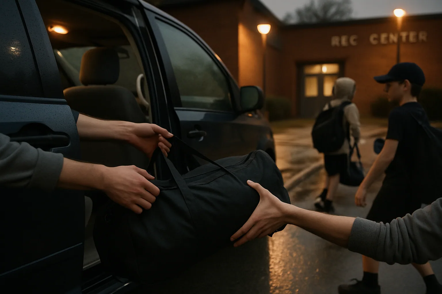 A duffel bag is passed down from a minivan's open side door at a curb, forearms in focus, wet pavement reflecting streetlight at dusk.