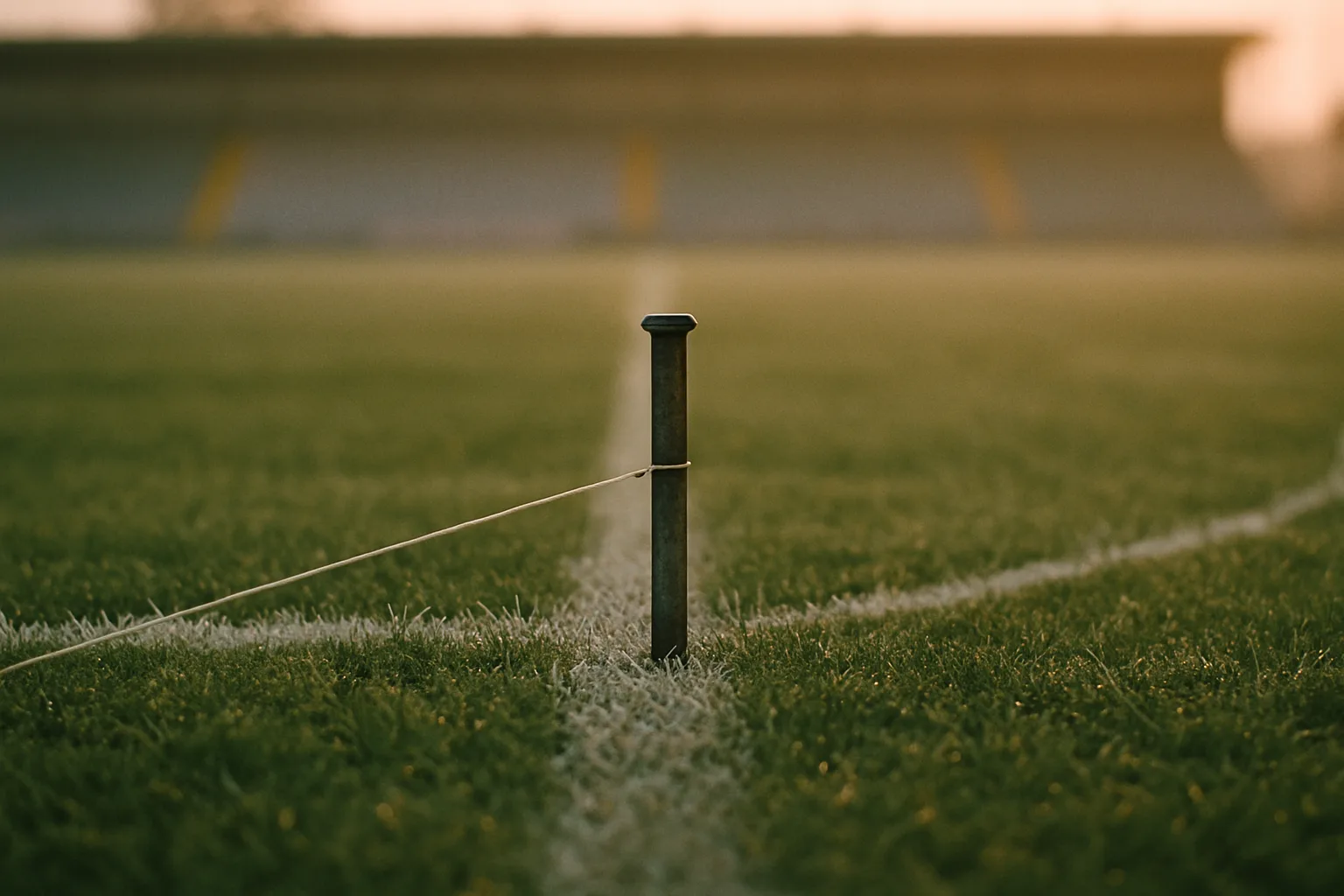 A metal stake driven into a soccer field's painted halfway line with taut string running out from it, dawn light and blurred stands in the background.