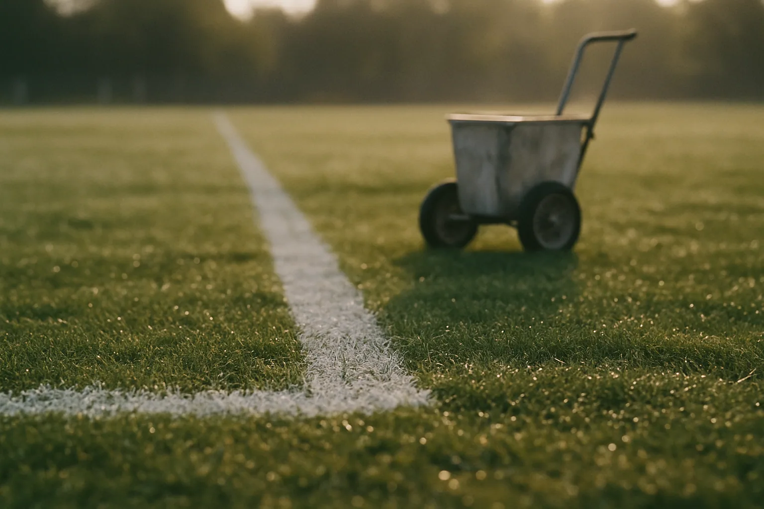 Fresh chalk lines mark a grass field in early morning, a line marker cart parked at the edge with dew still on the grass.