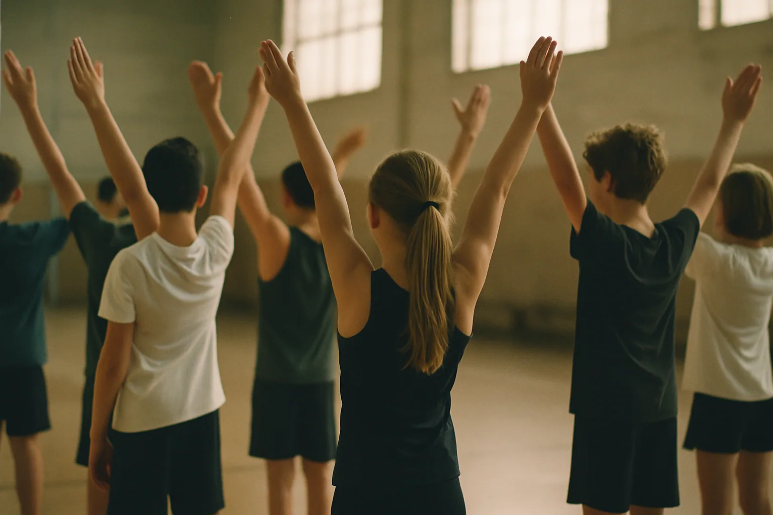 A line of young athletes stands in formation seen from directly behind, arms raised in a high V, all facing away from the camera.