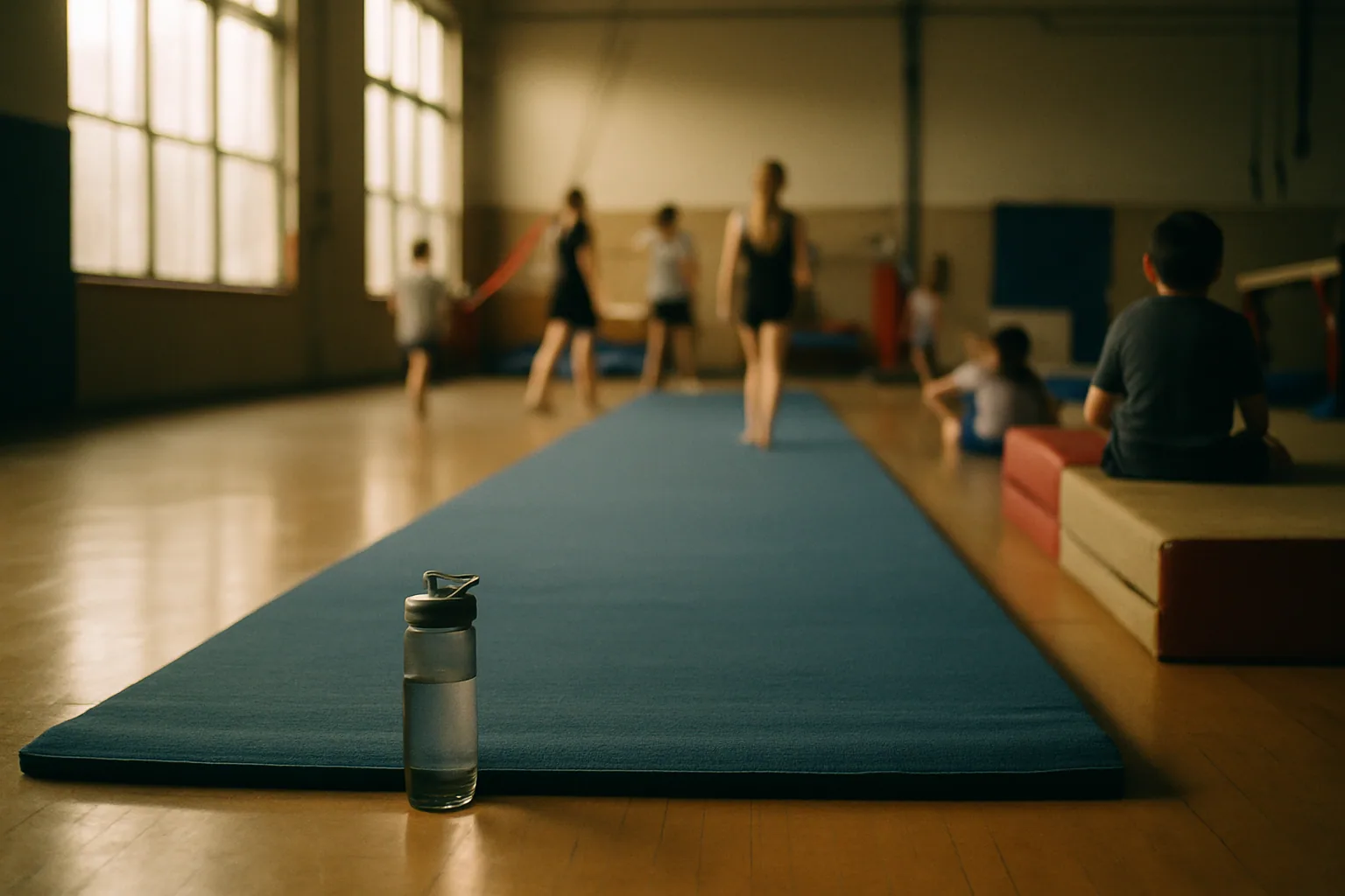 A blue practice mat rolls out across an empty gym floor, a water bottle at the edge under high window light.