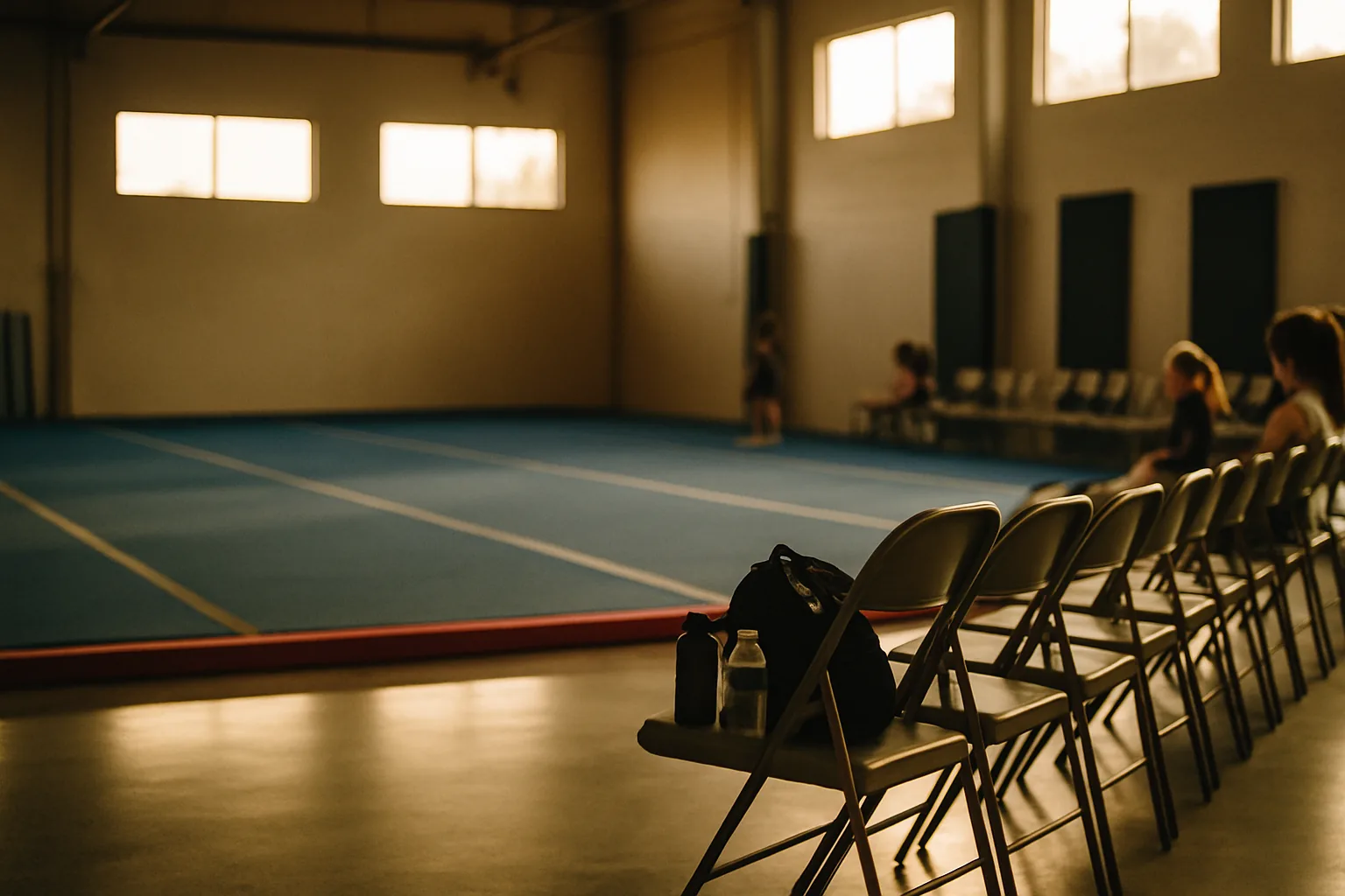 Folding chairs along a blue cheer spring floor in a gym, backpack and water bottles on the nearest seat, warm window light.