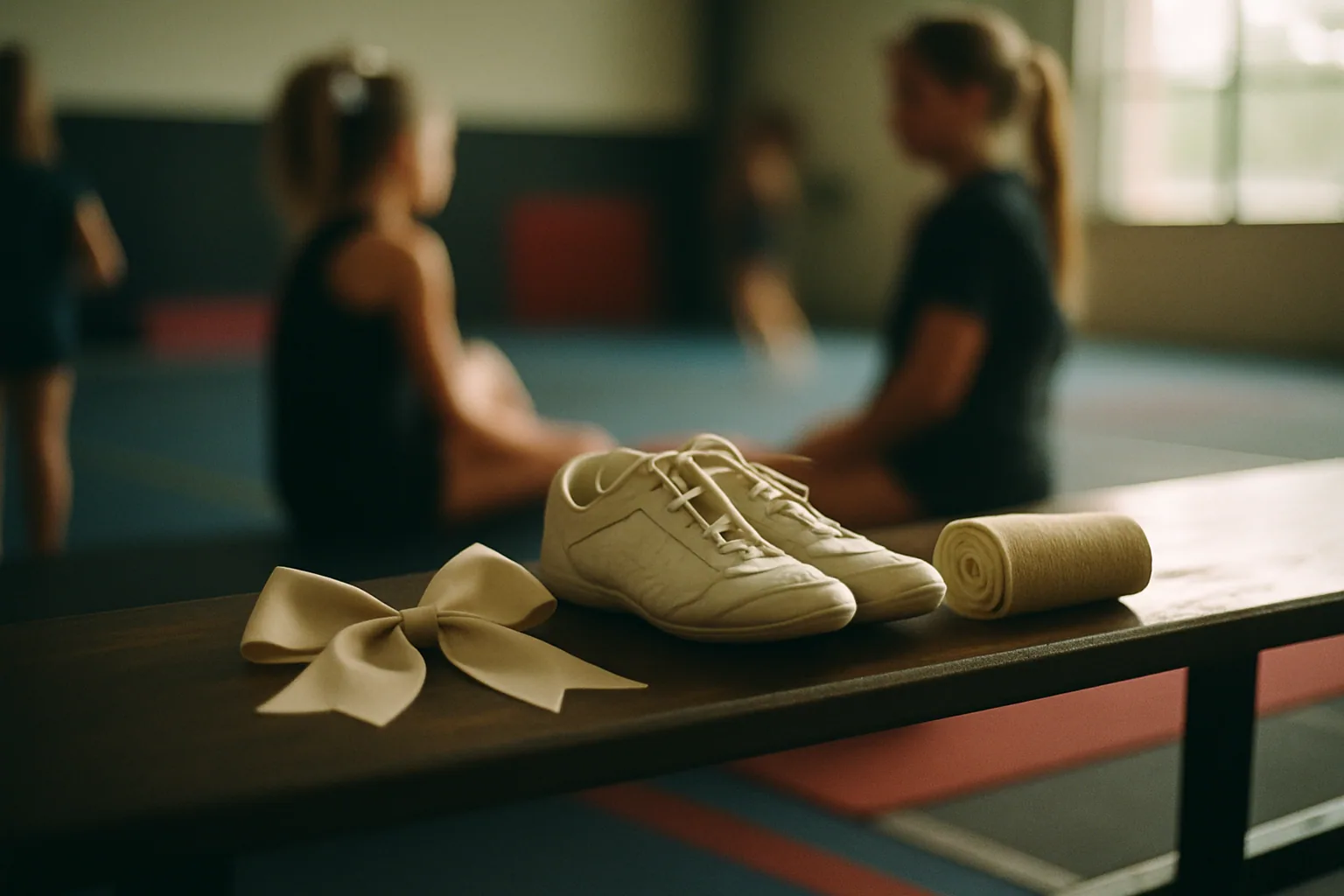Cheer shoes, a plain hair bow, and a rolled wrap sit on a gym bench under side light.