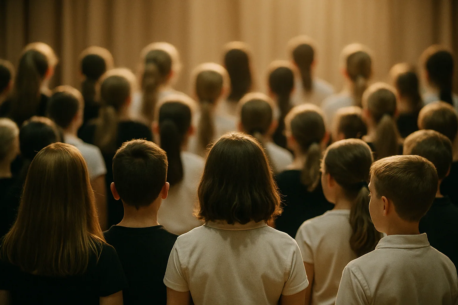 A choir is seen from directly behind the back row, heads and shoulders facing warm stage light with no faces visible.