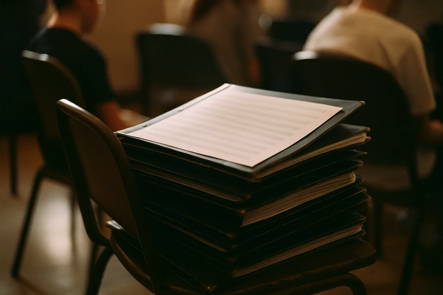 A stack of black music folders sits on a chair with blank sheet music visible, worn edges lit by side light.