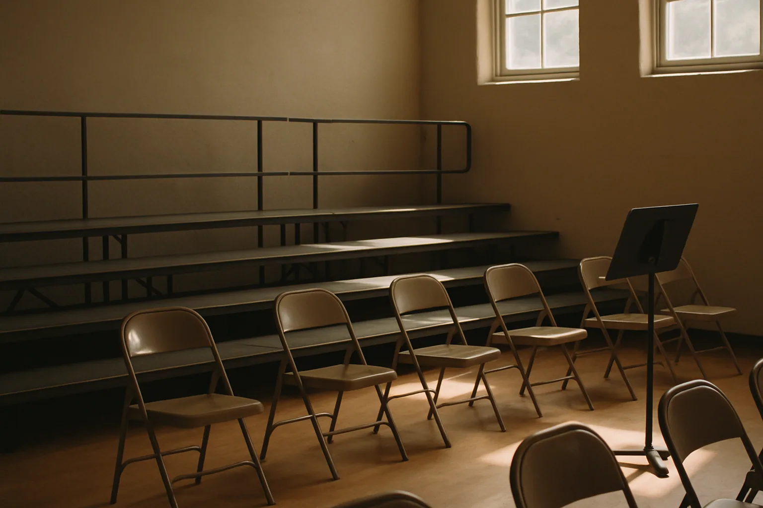 Empty choral risers sit in a rehearsal hall with folding chairs and a music stand, afternoon light coming through high windows.