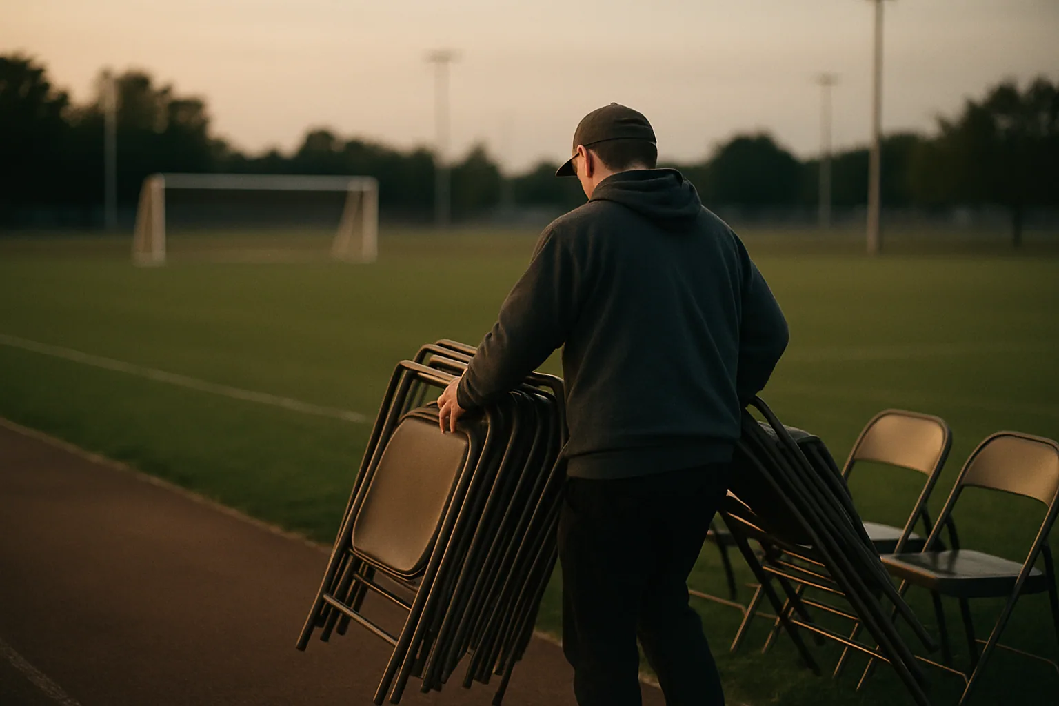 A lone adult stacks folding chairs on an empty sideline at dusk, seen from behind at middle distance after everyone else has gone.