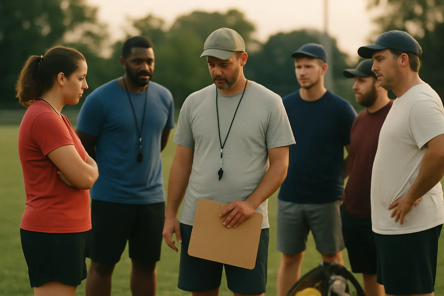 Six adult volunteer coaches in ball caps stand in a loose circle on a grass field at dusk, one holding a blank clipboard, trees blurred behind them.