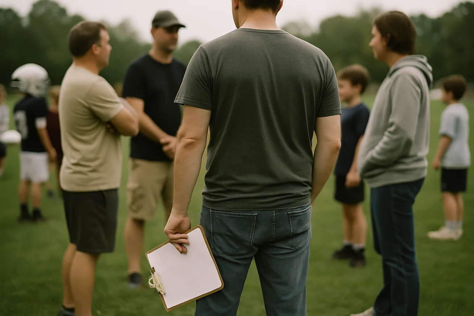 A small ring of adults stands on grass after youth practice, one holding a clipboard low, seen from behind so no faces show.