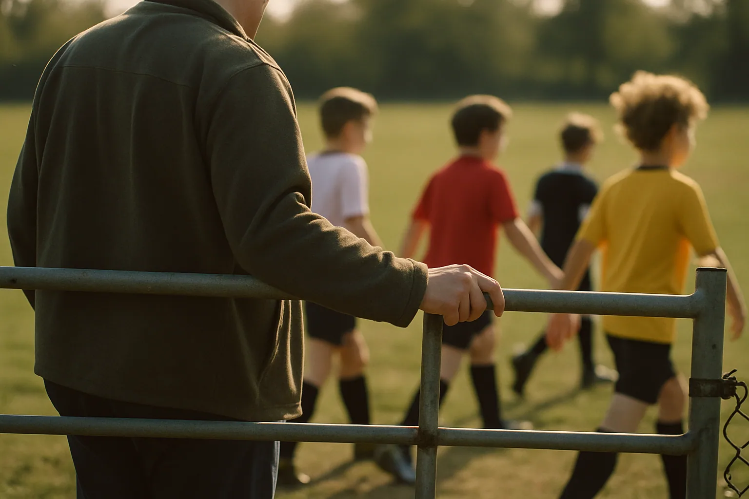An adult holds a field gate open as kids file through, seen from behind so only their back and arm show, children blurred past them.