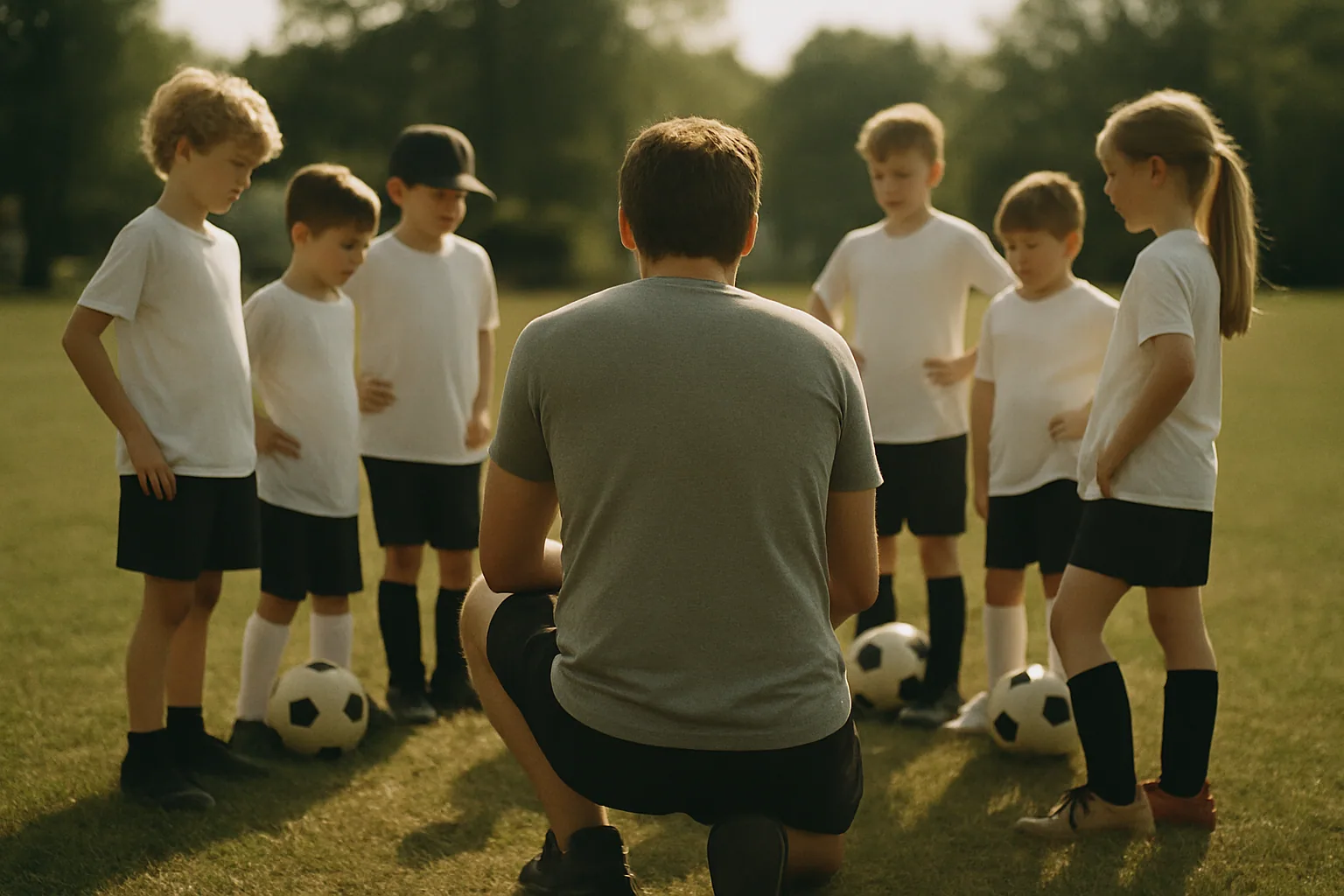 An adult kneels with their back to the camera in front of a loose half-circle of young players, all faces turned away from the camera.