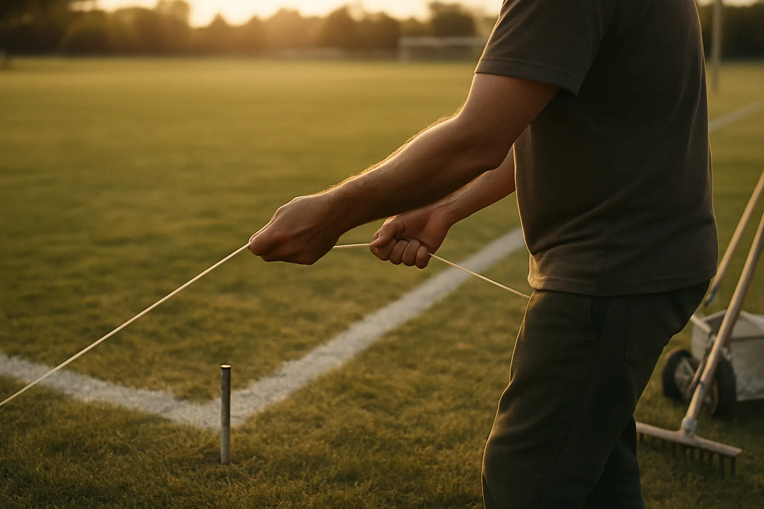 An adult's hands pull a taut string between two stakes at a marked soccer field corner in golden-hour light, a rake and cart blurred behind.