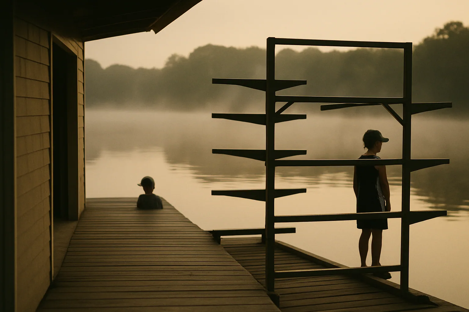 A dock outside a boathouse sits at dawn with an empty rack and flat water beyond, mist rising off the surface.