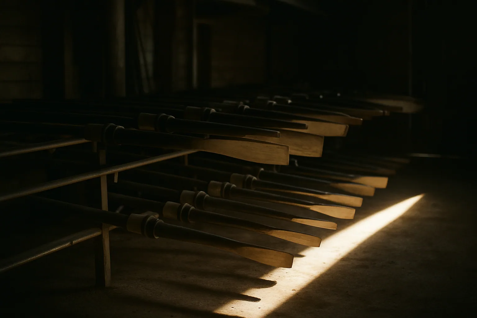 Oars rest racked in a row inside a dim boathouse, their blades plain and unpainted under one shaft of morning light.