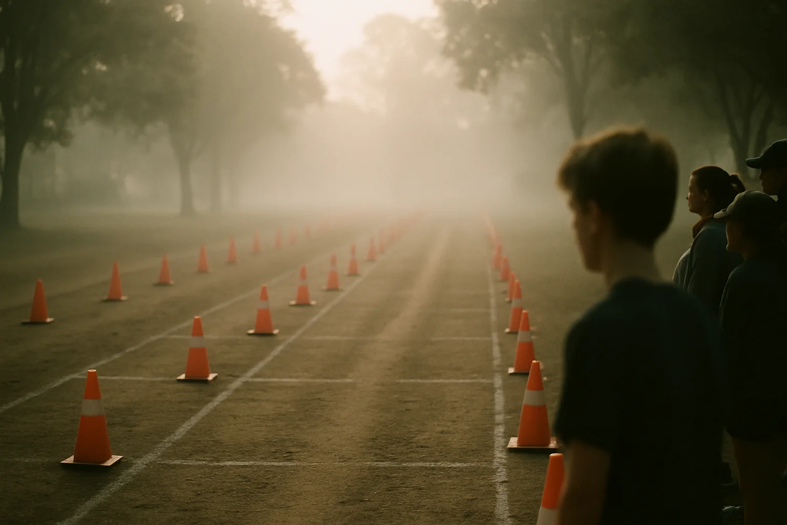 Early morning mist over a dirt cross-country starting path with orange cones and empty lane markers.