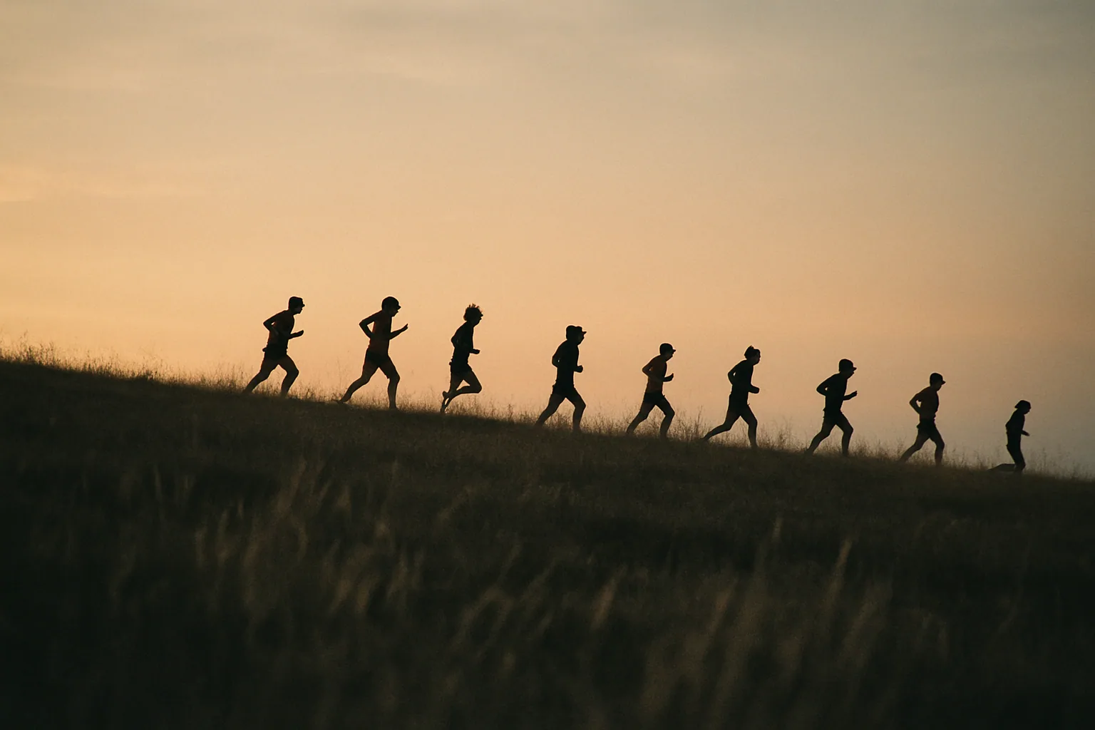 A line of runners strings out along a distant ridge at dawn, tiny and silhouetted against the sky with foreground grass in soft focus.