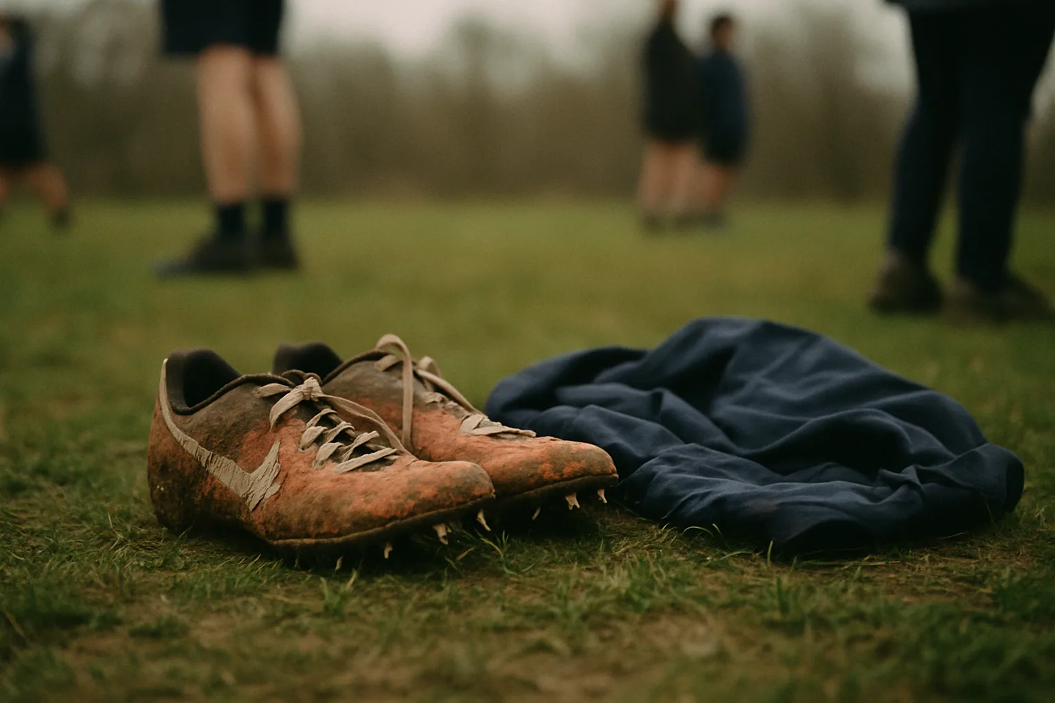 A pair of muddy racing spikes sits on grass beside a discarded warm-up top under overcast light.