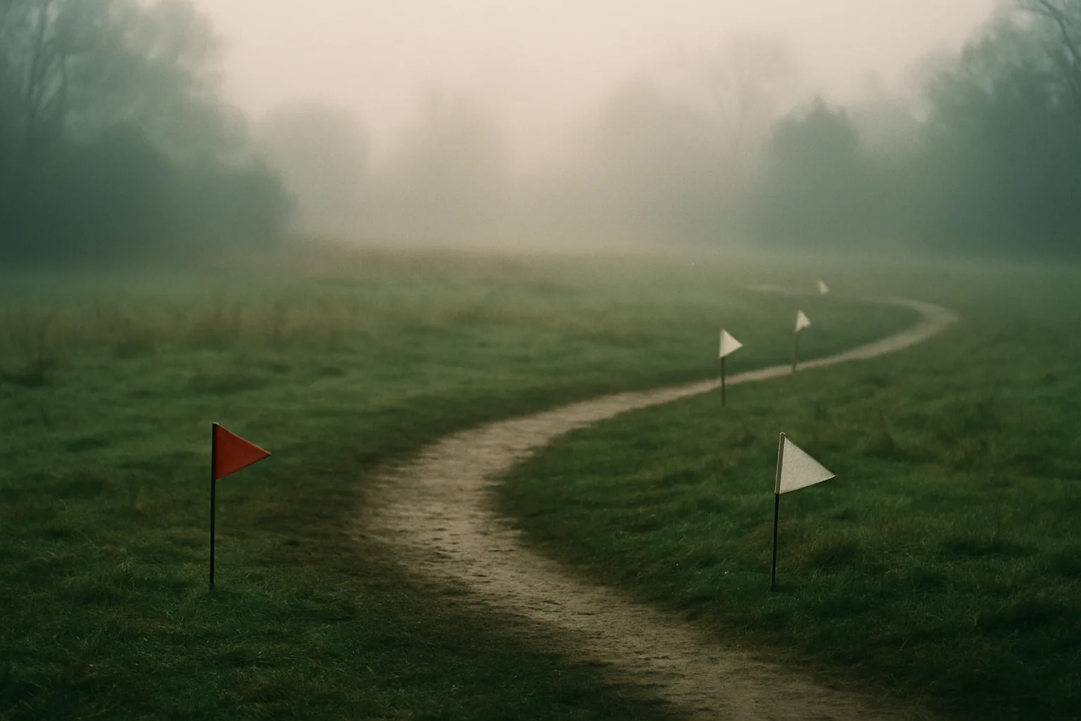 A grass and dirt course trail winds through morning fog with course flags marking the turns and no runners in frame.
