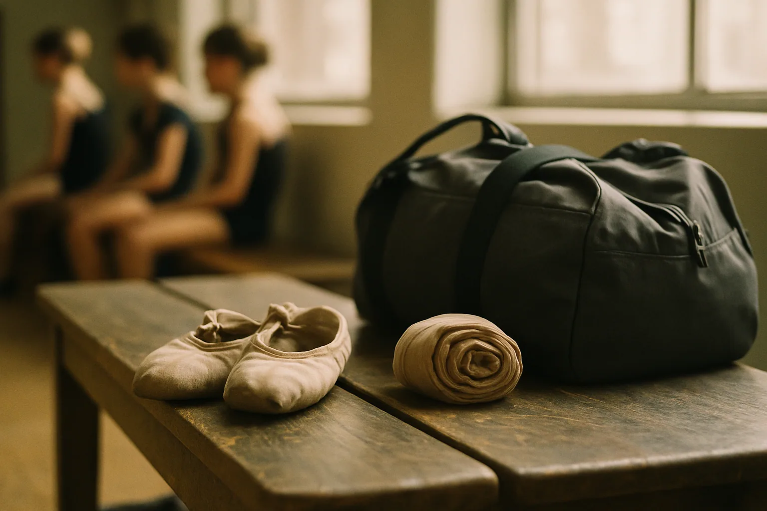 Worn dance shoes, a rolled pair of tights, and a small duffel sit on a studio bench under window light.