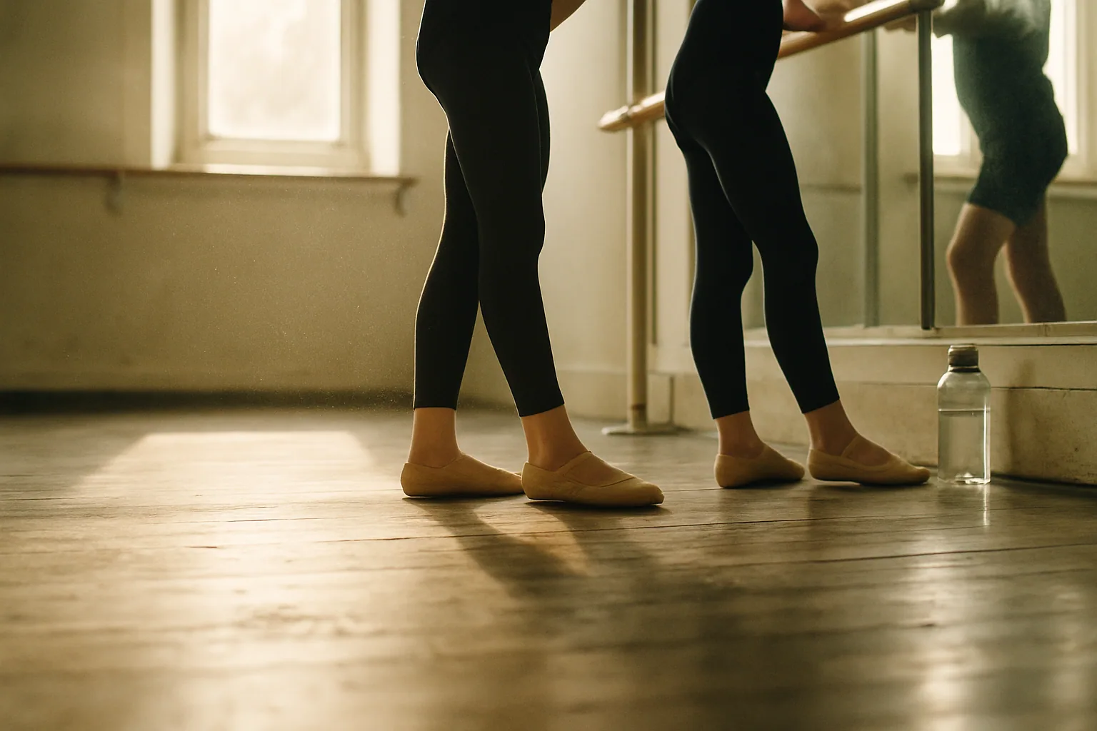Two dancers' feet and ankles rest at the barre in a sunlit studio, shot low along a worn wood floor with bodies cropped above the knee.