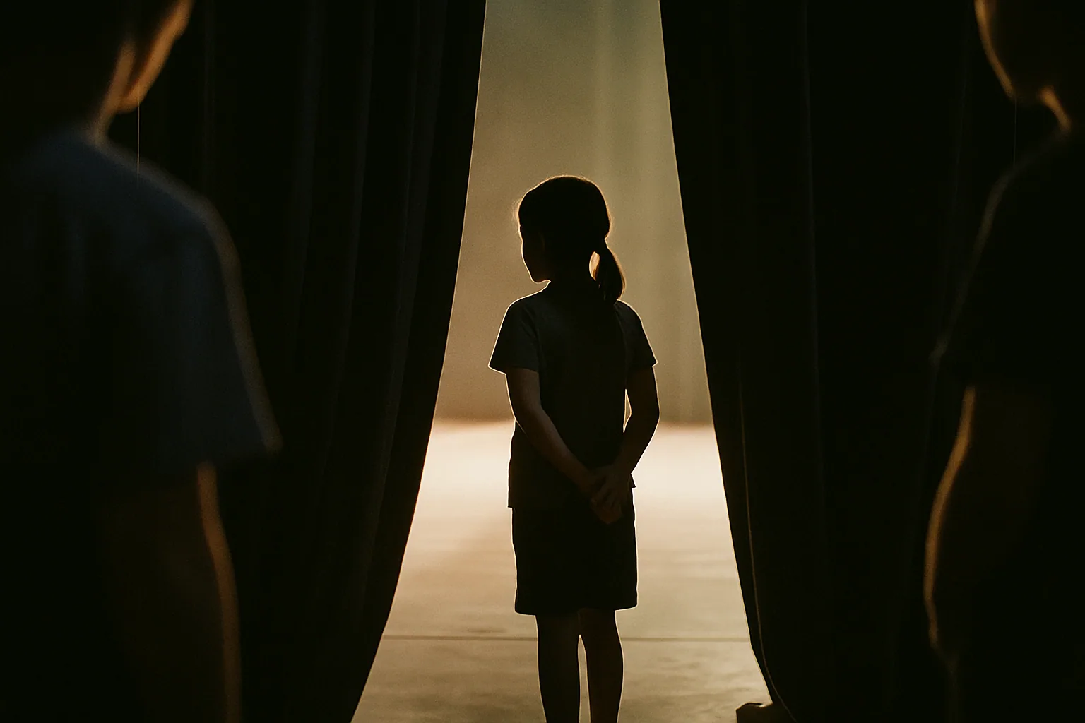 The dark wings of a stage are seen from backstage with a strip of bright stage light beyond and one small figure waiting in silhouette.
